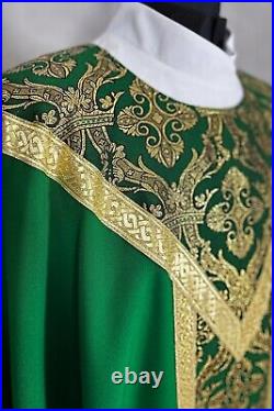 CHASUBLE plain Green with Brocade fabric orphrey SEMI Gothic style vestment