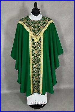 CHASUBLE plain Green with Brocade fabric orphrey SEMI Gothic style vestment