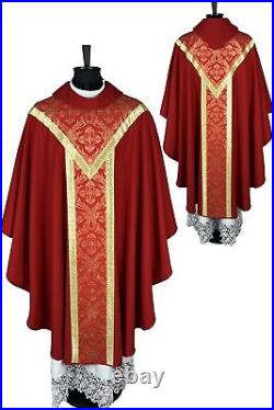 CHASUBLE plain red with Brocade fabric orphrey SEMI Gothic vestment cowl neck