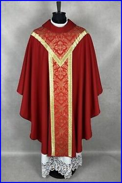 CHASUBLE plain red with Brocade fabric orphrey SEMI Gothic vestment cowl neck