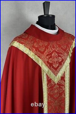 CHASUBLE plain red with Brocade fabric orphrey SEMI Gothic vestment cowl neck