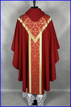 CHASUBLE plain red with Brocade fabric orphrey SEMI Gothic vestment cowl neck