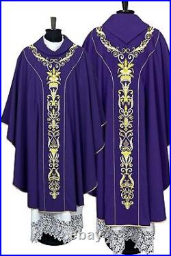 CHASUBLE purple Semi Gothic style vestment, rich embroidery belts, a cowl neck