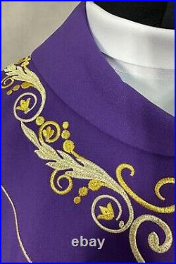 CHASUBLE purple Semi Gothic style vestment, rich embroidery belts, a cowl neck