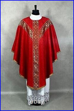 CHASUBLE red Semi Gothic, vestment, burse maniple and chalice veil