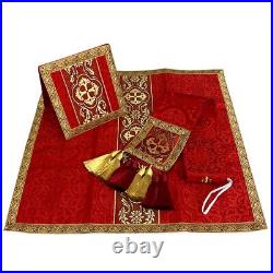 CHASUBLE red Semi Gothic, vestment, burse maniple and chalice veil