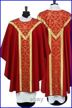 CHASUBLE red damask, brocade orphrey, SEMI Gothic style vestment