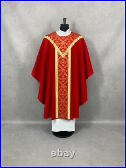 CHASUBLE red damask, brocade orphrey, SEMI Gothic style vestment