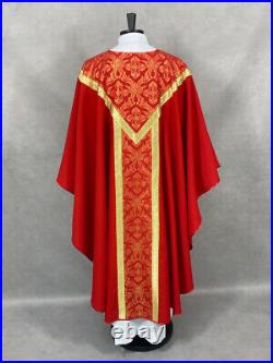 CHASUBLE red damask, brocade orphrey, SEMI Gothic style vestment