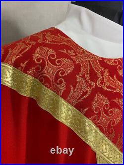 CHASUBLE red damask, brocade orphrey, SEMI Gothic style vestment