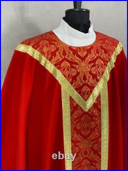 CHASUBLE red damask, brocade orphrey, SEMI Gothic style vestment