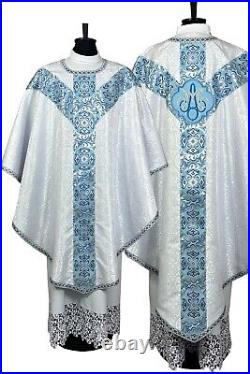CHASUBLE white/marian/Semi Gothic, vestment, burse maniple and chalice veil