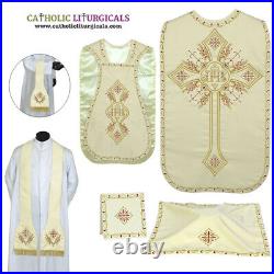 CREAM Roman Chasuble Fiddleback Vestment and 5pcs mass set IHS embroidery NEW