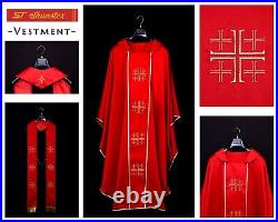 Catholic Church Priest Embroidery Chasuble With Stole Red Vestment