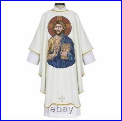 Christ Pantocrator Printed Chasuble with Gold Toned Trim, One Size, 59 In