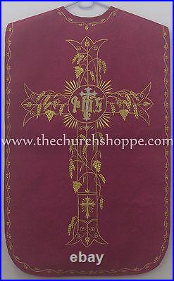 Dark Rose Roman Chasuble Fiddleback Set Vestment and mass set IHS embroidery