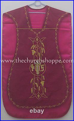 Dark Rose Roman Chasuble Fiddleback Set Vestment and mass set IHS embroidery