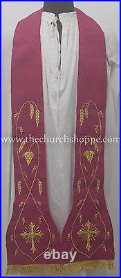 Dark Rose Roman Chasuble Fiddleback Set Vestment and mass set IHS embroidery