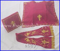 Dark Rose Roman Chasuble Fiddleback Set Vestment and mass set IHS embroidery