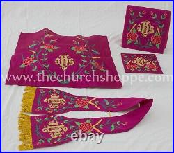 Dark Rose Roman Chasuble Fiddleback Vestment & 5pc mass set IHS embroidery