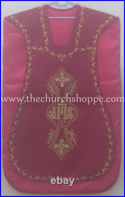 Dark Rose Roman Chasuble Fiddleback Vestment & mass set IHS embroidery NEW