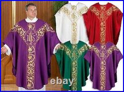 Embroidered IHS w Cross Fully Lined Polyester Chasuble Robe w Stole GREEN only