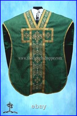 GREEN Chasuble. St. Philip Neri Style vestment & mass set, IHS Embroidery