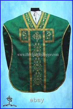 GREEN Chasuble. St. Philip Neri Style vestment & mass set, IHS Embroidery