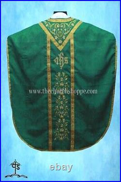 GREEN Chasuble. St. Philip Neri Style vestment & mass set, IHS Embroidery