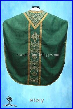 GREEN Chasuble. St. Philip Neri Style vestment & mass set, IHS Embroidery