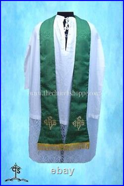 GREEN Chasuble. St. Philip Neri Style vestment & mass set, IHS Embroidery