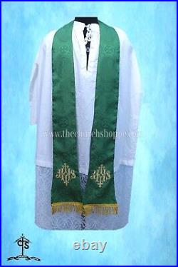 GREEN Chasuble. St. Philip Neri Style vestment & mass set, IHS Embroidery