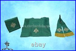 GREEN Chasuble. St. Philip Neri Style vestment & mass set, IHS Embroidery