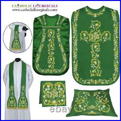 GREEN Roman Chasuble Fiddleback Vestment & 5 piece mass set IHS embroidery, FELT