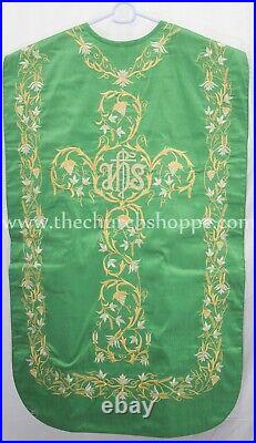 GREEN Roman Chasuble Fiddleback Vestment & 5 piece mass set IHS embroidery, FELT