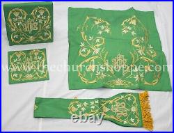 GREEN Roman Chasuble Fiddleback Vestment & 5 piece mass set IHS embroidery, FELT