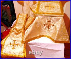 Gold Chasuble Fiddleback Set Christ The King+Stole, Maniple, Burse, Veil