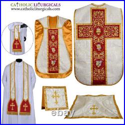 Gold Roman Fiddleback Chasuble & 5 pc mass set with Three Holy Hearts Embroidery