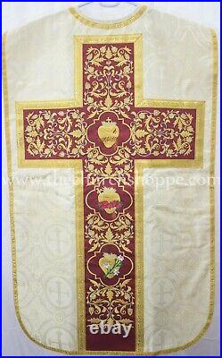 Gold Roman Fiddleback Chasuble & 5 pc mass set with Three Holy Hearts Embroidery