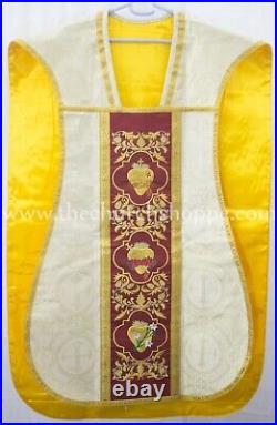 Gold Roman Fiddleback Chasuble & 5 pc mass set with Three Holy Hearts Embroidery