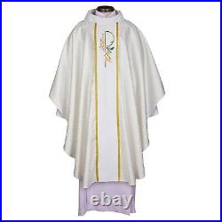 Gold Toned Embroidered Eucharistic Soft White Jacquard Chasuble 59 x 51 L