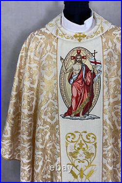 Gold brocade CHASUBLE Gothic style vestment, Jesus is Risen embroidery