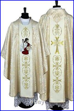 Gold brocade CHASUBLE Gothic style vestment, Jesus the good shepard embroidery