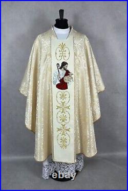 Gold brocade CHASUBLE Gothic style vestment, Jesus the good shepard embroidery