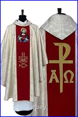 Gold brocade CHASUBLE Gothic style vestment, Sacred Heart of Jesus embroidery