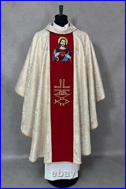 Gold brocade CHASUBLE Gothic style vestment, Sacred Heart of Jesus embroidery
