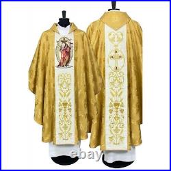 Gold damask CHASUBLE Gothic style vestment, Jesus is Risen embroidery