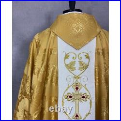 Gold damask CHASUBLE Gothic style vestment, Jesus is Risen embroidery