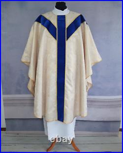 Gold semigothic chasuble with blue velvet belts + burse and Chalice Veil