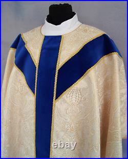 Gold semigothic chasuble with blue velvet belts + burse and Chalice Veil